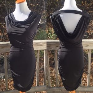 Cowl neck bodycon cocktail open back black dress